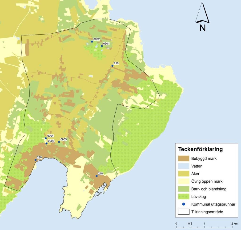 Figur 22. Markanvändning inom tillrinningsområdet. Tabell 3. Sammanställning över markanvändning inom tillrinningsområdet. Markanvändning Area (km 2 ) Andel av tillrinningsområde (%) Bebyggd mark 3.