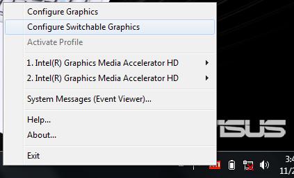 Switchable Graphics Technology Switchable Graphics Technology låter dig välja mellan den integrerade och den åtskilda graphics processing unit (GPU/ grafibehandlingsenhet) läget för att optimera