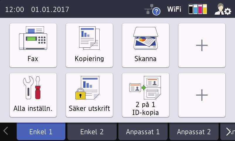 till funktioner, skrivarinställningar och genvägar. Sammanlagt 64 ikoner kan placeras på startskärmarna vid behov. Du kan välja huvudstartskärmen från hemskärmarna.