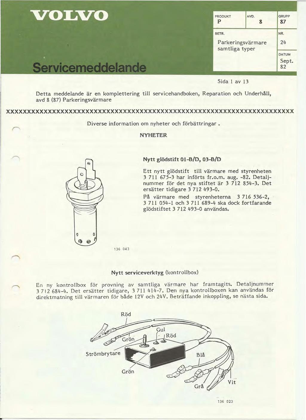 AVD. GRUPP 8 87 NR. Parkeringsvärmare samtliga typer 21f DATUM Sept.