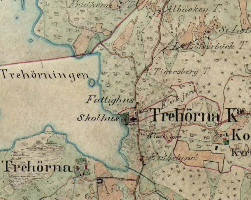 Utsnitt ur häradsekonomiska kartan 1868-77 Trehörna. Av kartan framgår det att kyrkogården inte utvidgats mot norr än.