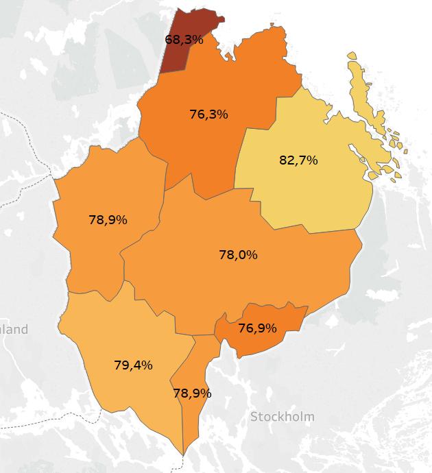 Andel med gott psykiskt välbefinnande (WHO5 summaindex > 50) -per kommun och kön 100,0 90,0 80,0