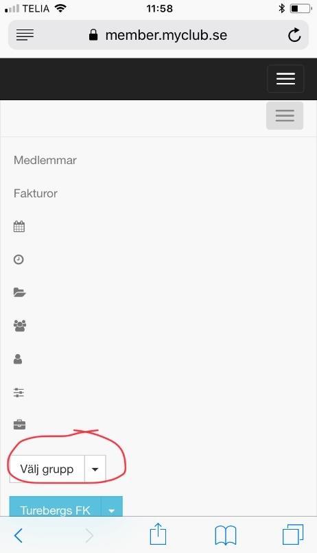 Bild 6, Klicka på välj grupp alternativt knappen ovanför den blå för TFK.