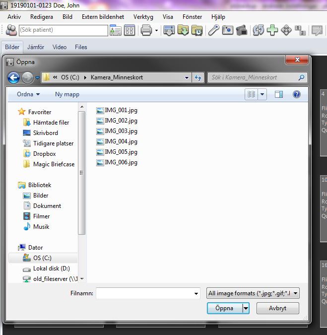 I detta exempel finns bilderna i mappen "kamera_minneskort".