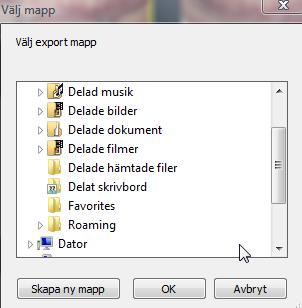 [Exportera till mapp] välj vart du vill exportera bilden/bilderna Klickar du på knappen med [ ] öppnas Windows utforskaren och låter användare specificera en mapp eller disk man vill lägga