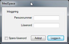 Du får först upp ett inloggningsfönster för MedSpace där du fyller i ditt personnr.(12 siffror) samt ditt lösenord.