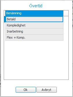 Övertid Vid övertid: välj rätt övertidstyp (t.ex. Betald, Kompledighet eller annan som är upplagd i systemet). Betald = timlön + övertidstillägg.