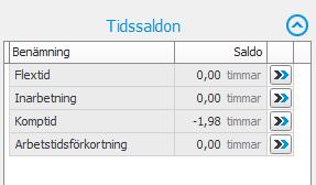 Sektionen Tidssaldon kan du dölja med knappen stämplingsterminalen ska se ditt tidssaldo.