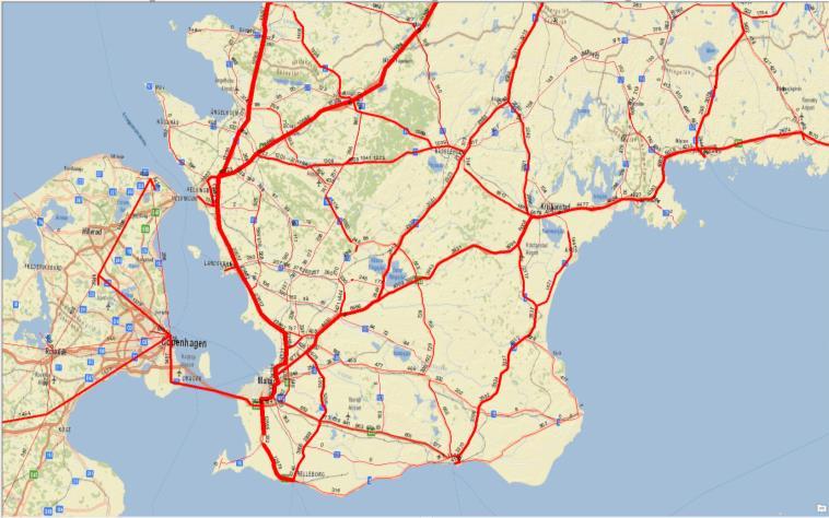 Validering av Samgods görs genom att jämföra trafikmätningar mot modellen. Observerar att trafikmätningen inkluderar andra fordon än Samgods, dvs bussar.