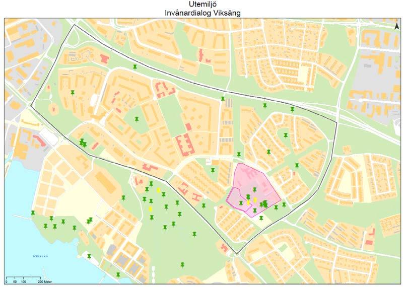 Gröna markeringar visar invånarnas Favoritplatser, gula markeringar visar Gröna områden viktiga att bevara och rosa markering visar Gröna områden som kan vidareutvecklas som grönområde.
