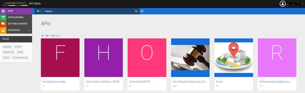 Förstasida Vid inloggnings möts du av katalogen över de API'er och tjänster som finns tillgängliga just för dig.