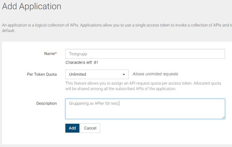 Välj ett lämpligt namn för din nya Application, samt en beskrivning.