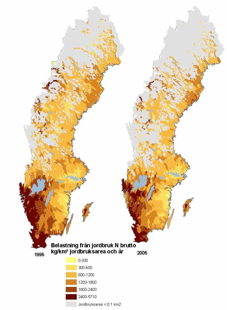 Figur 1. Bruttobelastning av kväve från jordbruksmark år 1995 och 2005, kg/km 2 jordbruksarea.