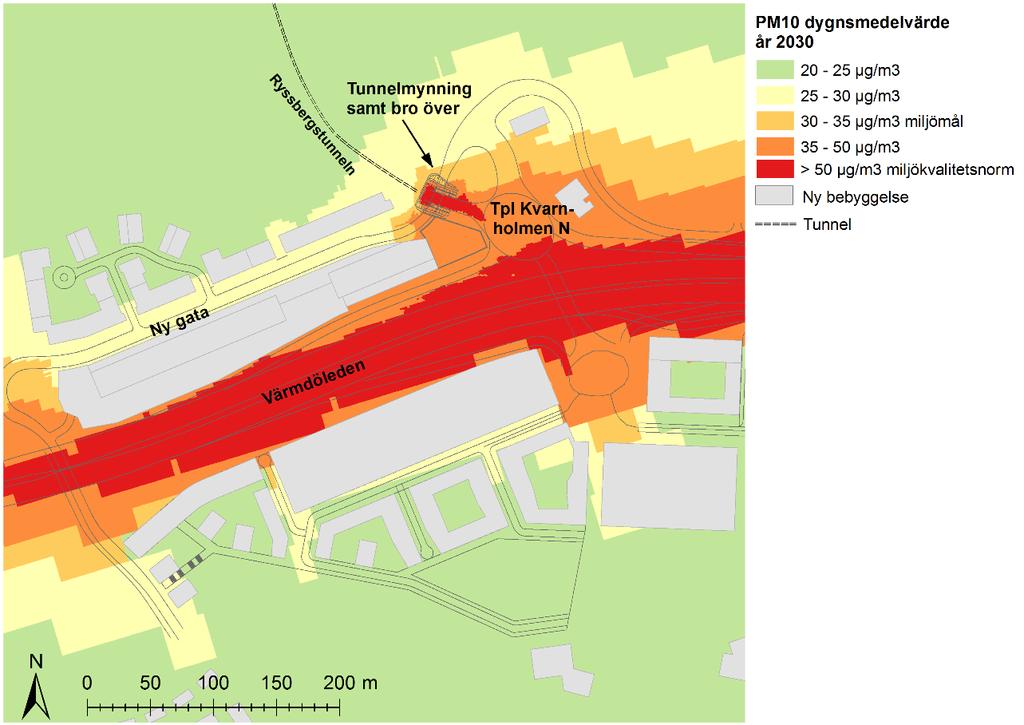 Figur 5. Beräknad dygnsmedelhalt år 2030 av partiklar, PM10 (µg/m³) under det 36:e värsta dygnet.