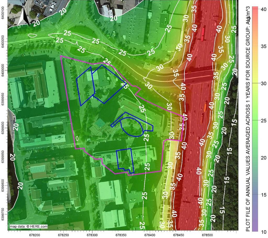 4.1.2 NO 2 Årsmedelvärden Figur 5. Nuvarande situation 2016, beräknade halter av kvävedioxid som årsmedelvärden. Föreslagna byggnader är markerade med blå linje och planområdet med lila linje.