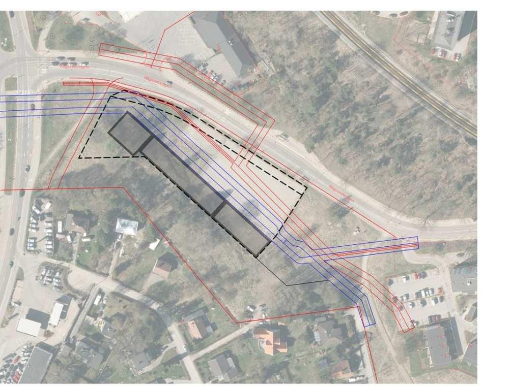 Sida 6 (8) Föreslagen förändring En tidig skiss från Tyréns AB visar att det är en begränsad del av planområdet som kan bebyggas, då 4,0 meters avstånd måste hållas till de grova vatten- och