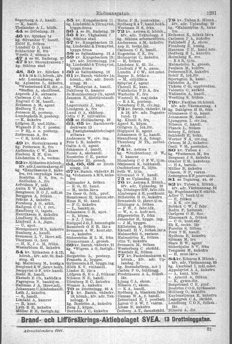 Rådmansgatan. 1281, Segerborg A J, handl, 1>5 kv.' Kungsbacken 11!lIalm,F H, postvaktm. 78 kv, Tuben 3. Hörnh. - K, hand!. äg. Lindstähl & Törnqvist, Rydberg KA.V,hand.bokh, ärv.. adr. Uplandsg.