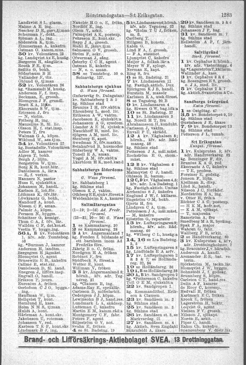 Landkvist S L, glasm, Malme A E. ing. Neschep D...E, gasv,tj:man Scherman F, dokt.' Sjöman A L, ing.. Södersten K, tj:lp. Zimmerman A, änkefru Östman O. kamm.mua." 50 kv. Volontären 2ö äg.