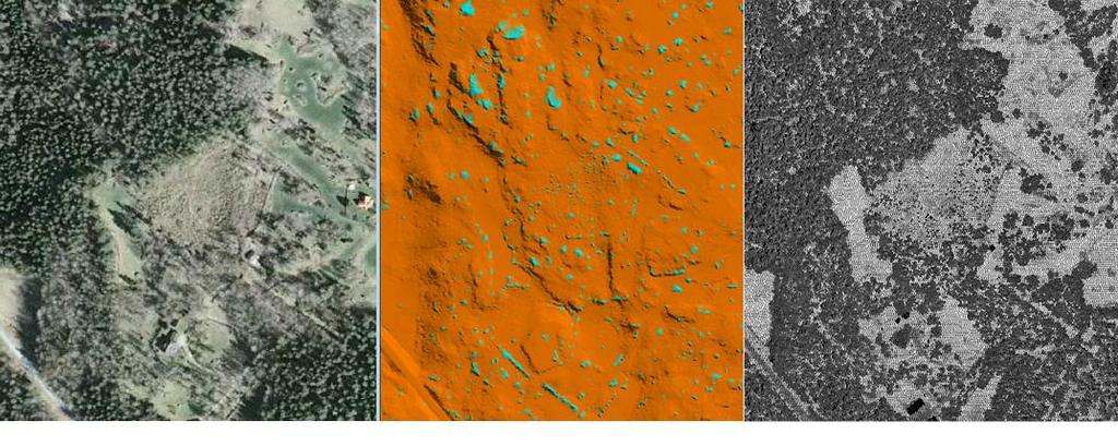 Figur 11a. Ortofoto (0,5 meter, Lantmäteriverket) över ett område med kuperat terräng. Figur 11b. LAS data över området, uppritat som en shaded surface efter utsökning enligt steg 1 3. Figur 11c.