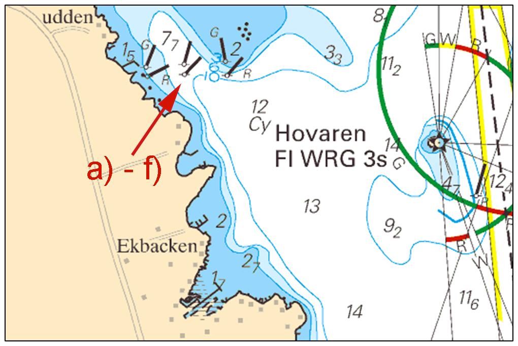 SW till d) 59-34,71N 016-31,69E Flytta styrbordsprick 80 m SW till e) 59-34,75N 016-31,91E Flytta babordsprick 90 m SW till f) 59-34,71N 016-31,92E Bsp Mälaren - Hjälmaren 2016/s20, s21 Lövudden,