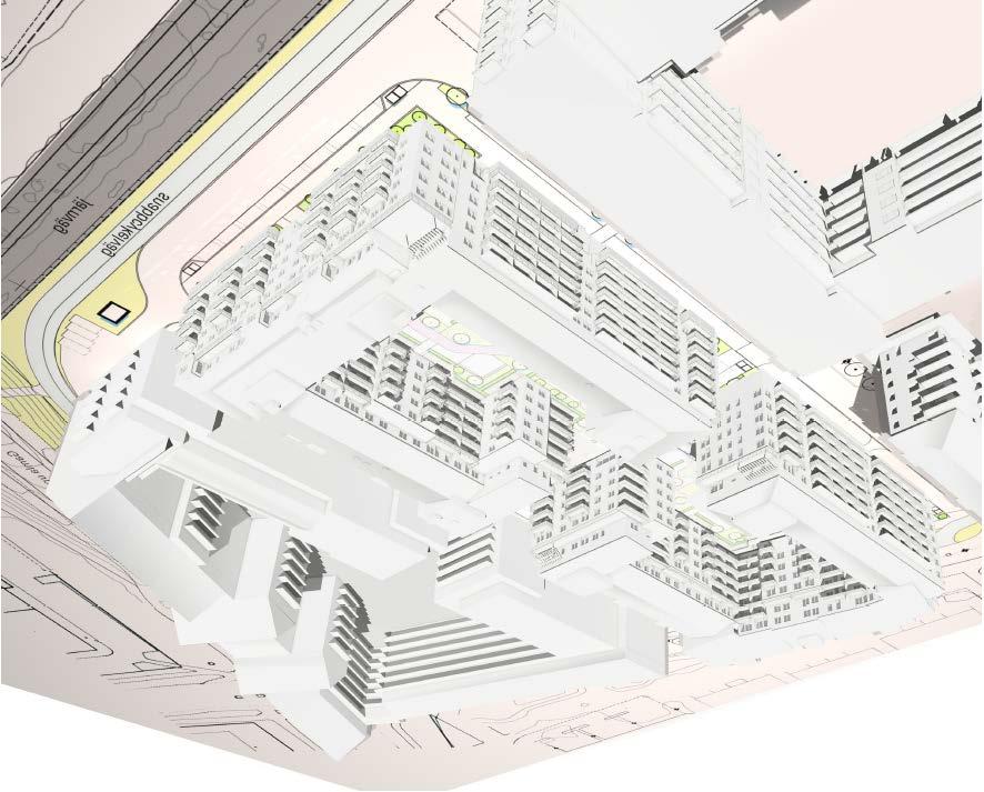 Volymstudie som visar hur bebyggelsen inom planområdet kan utformas. Illustrationen är gjord av Ettelva arkitekter. BP BCSP BCSDP Bostäder. Parkering.