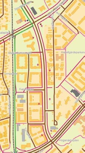 Kartbild som visar befintliga gator i brunrött, cykelbanor i rosa och huvudcykelbanor i cerise. Den gröna linjen markerar den cykelbana som ska byggas ut till snabbcykelled.