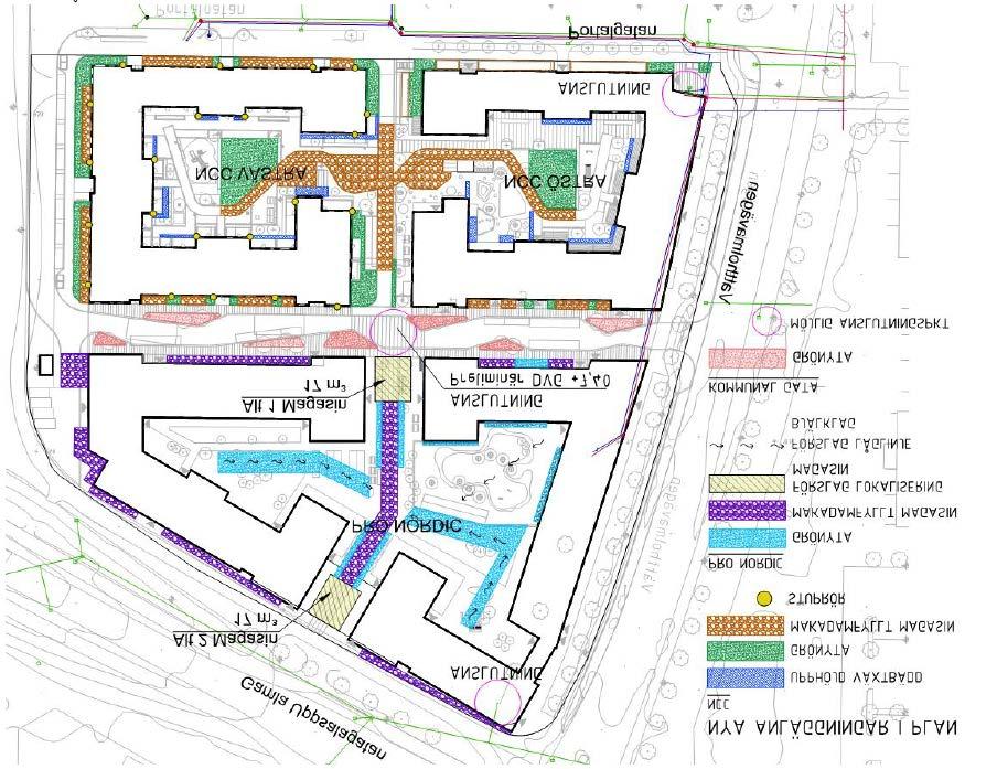 12-02) föreslår att fördröjning och rening kan ske med en kombination av växtbäddar, grönytor och makadamfyllda magasin.