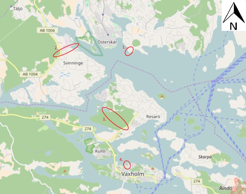 3 Områdesbeskrivning Området för provtagningen består av 4 delområden belägna i Österåkers samt Vaxholms kommun.