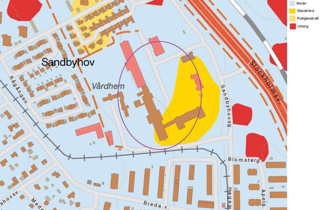 2.2 Geologi I figur 3 visas ett urklipp ur Sveriges geologiska undersöknings (SGUs) jordartskarta över området. Undersökningsområdets ungefärliga läge är markerat med en lila ellips. Figur 3.