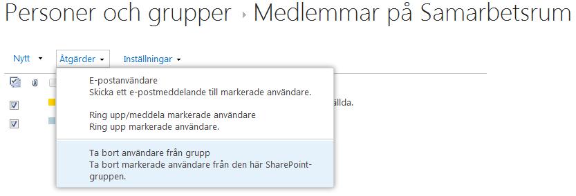 4.1 Ta bort medlem 1. Bocka i rutan till vänster om namnet på en eller flera personer. 2. Klicka på Åtgärder och på Ta bort användare från grupp 3.