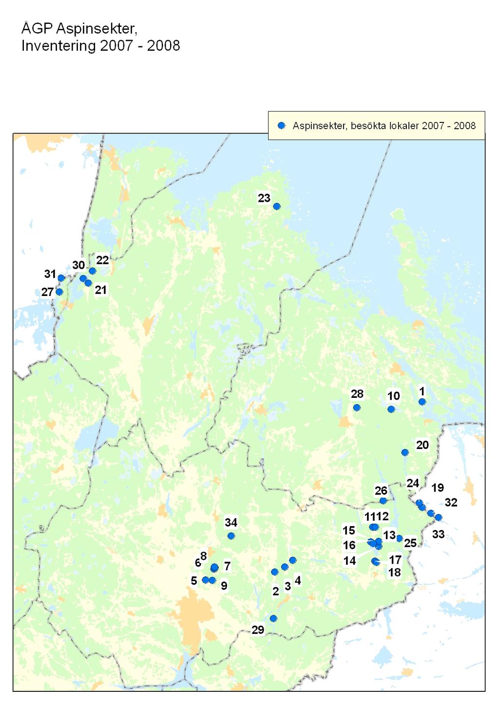 Resultat Resultat för inventeringen år 2007-2008 Sammanlagt undersöktes 34 områden under år 2007-2008, se karta 1. Två av lokalerna var belägna i Stockholms län, övriga i Uppsala. Karta 1.