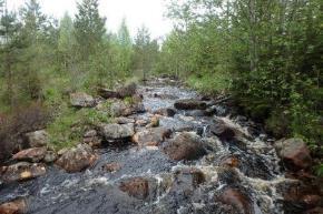 Bäcken kommer från Hundtjärnen, mitt på sträckan rinner Lammtjärnsbäcken in.