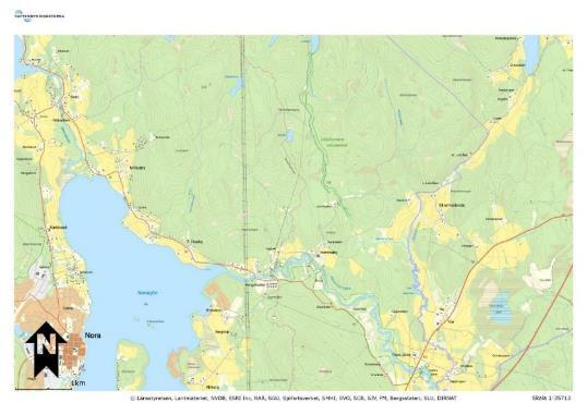 Kartan visar inventerade platser i Jarleån. Allmän dammussla hittades på hela sträckan.