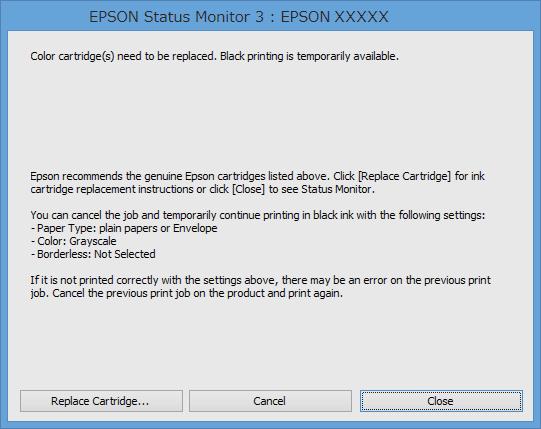 Byta ut bläckpatroner Tillfällig utskrift med svart bläck Windows 1. Avbryt utskrift när följande fönster visas.