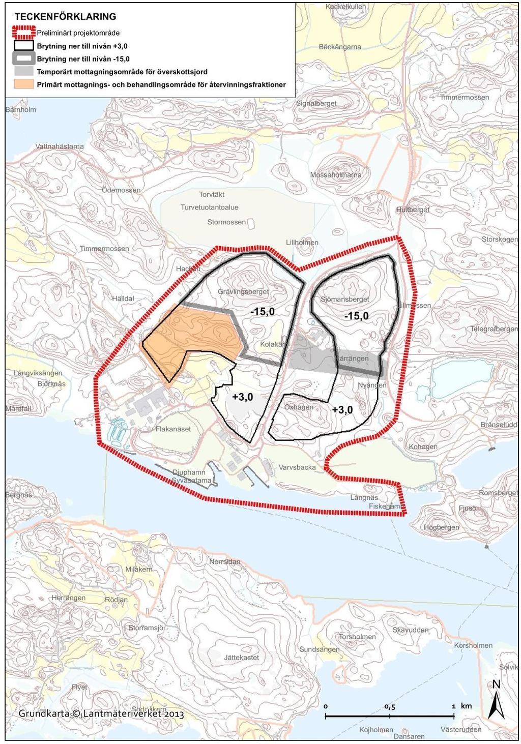 PROGRAM FÖR MILJÖKONSEKVENSBEDÖMNING 4.3 Alternativ ALT2 I alternativet ALT2 sker brytningen på 87 hektar av det 164 hektar stora området ner till nivån -15.