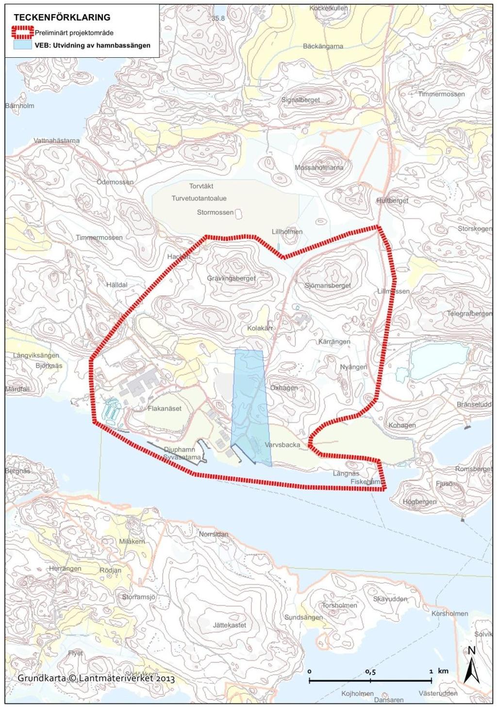 4.6 Alternativ ALTB I alternativet ALTB utvidgas den nuvarande hamnbassängen med cirka 24 hektar. (BIld 4-5) BIld 4-5. Alternativet ALTB, utvidgning av hamnbassängen.