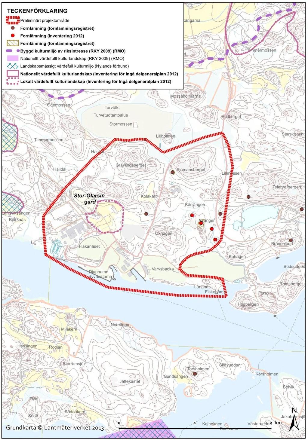 PROGRAM FÖR MILJÖKONSEKVENSBEDÖMNING 55 Bild 5-21. Värdefulla områden och objekt (fornlämningar) i landskapet och kulturmiljöerna i projektområdet.