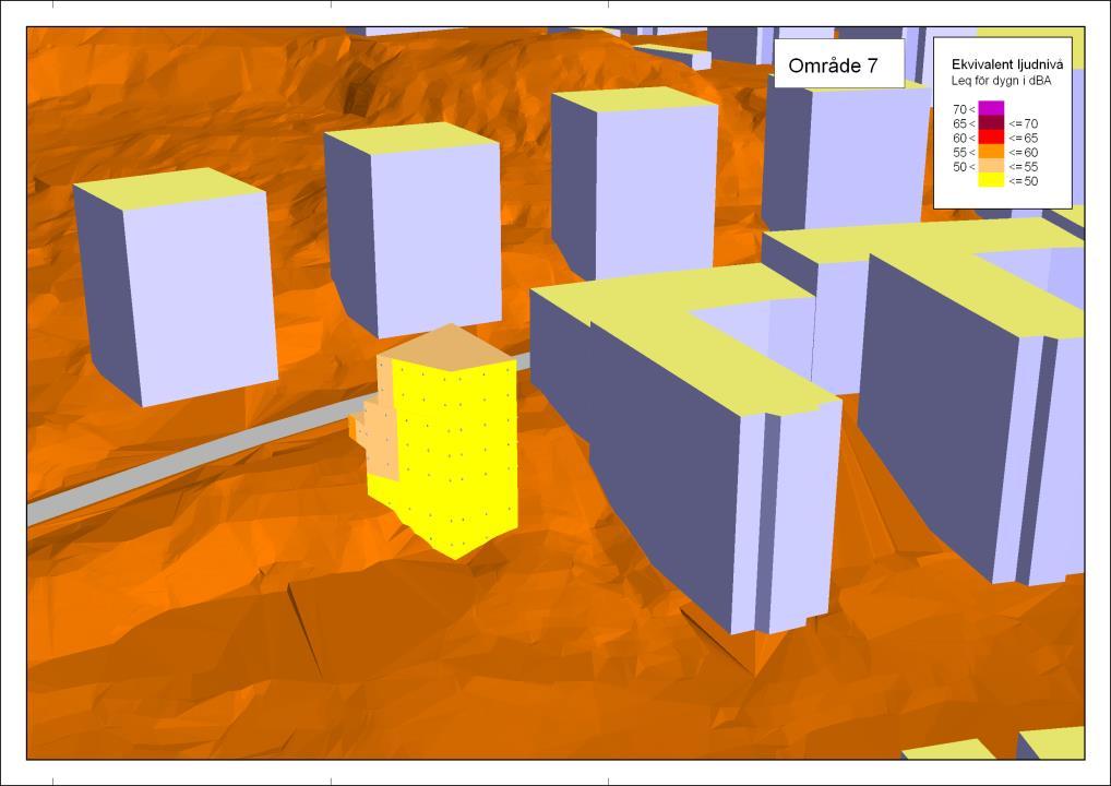 Vid fasad mot Augustendalsvägen i öster fås upp mot 59 dba. Samtliga ljudnivåer vid fasad avser frifältsvärden.