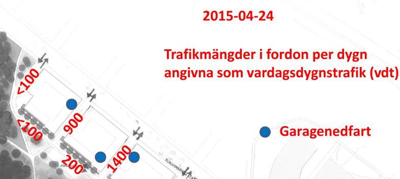 706523 RAPPORT A 2016-06-22 5 (10) 5 Trafikuppgifter Vägtrafik Trafikuppgifter erhållna från kommunen som avser prognosåret 2030 ligger till grund för beräkningarna och redovisas i tabellen samt