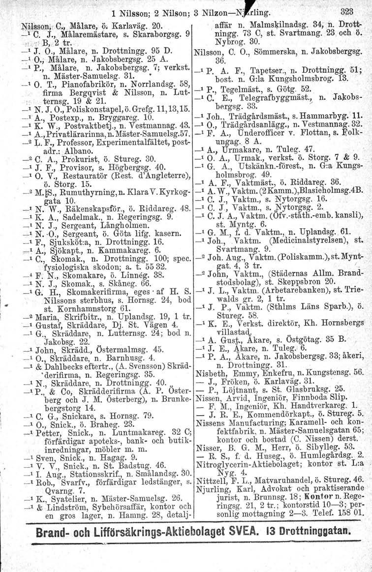 1 Nilsson; 2 Nilson; 3 NilzonN:~{ng. 323 NiclS:~Qni' q." Målare, ih Karlaväg.,20, affär n. Malmskilnadsg. 34; h. Drott _1 C. J" Målaremästare, s. Skaraborgsg. 9 ningg. 73 C, st. Svartmang. 23, och ö.