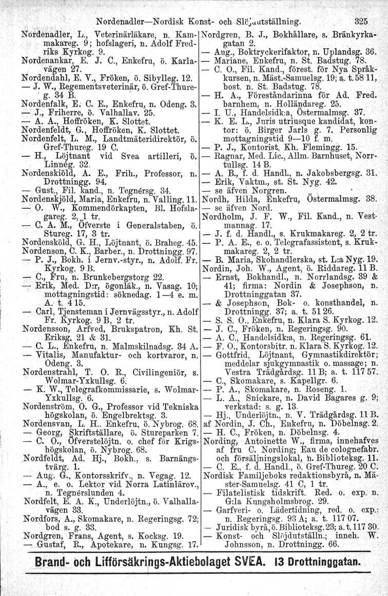 NordenadlerNordisk Konst och Slc;«lltställning. 32,5 Nofd~ri~aler, L., Veterinärläkare, n. Kam Nordgren, B. J., Bokhållare, s.. Bränkyrkamakareg, 9; hofslageri, n. Adolf Fred gatan 2.. riks Kyrkog, 9.