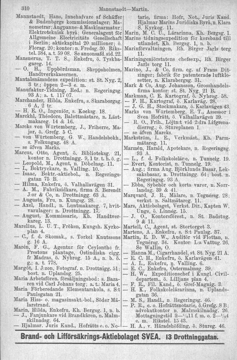 310 MannstaedtMartin. Mannstaedt, Hans, Innehafvare af Schäffer tarie, firma: Hofr, Not., Juris Kand. & Budenbergs kommissionslager; Ma Hjalmar Marins Juridiska Byrå.n.Klara nometrar ;Angpanne & Maskinarmatur ; S.