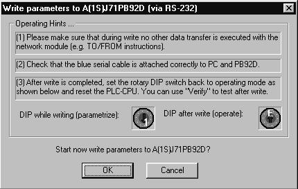 Tryck på knappen Write to A(1S)J71. Följande formulär visas. Konfiguration av nätverk med ProfiMap Klicka på OK.