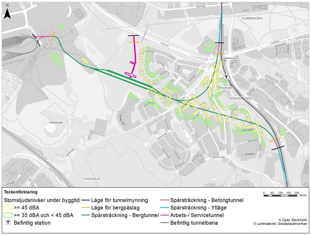 Figur 15. Stomljudsnivåer i byggnaders bottenplan. Stomljudsnivån avtar högre upp i byggnaderna. 5.1.2 Bygg- och trafikbuller Det förändrade utbyggnadsförslaget innebär att läget för arbets- och etableringsområden ändrats.