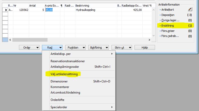 Tillbaka på orderbilden välj nu knappen Rad (Du når samma funktion genom att klicka på Ersättning i infopan) och följande undermeny visas.