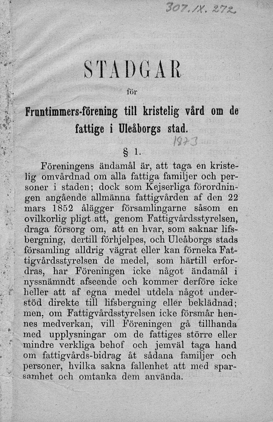 Stadgar för Fruntimmers-förening till kristelig vård om de fattige i 