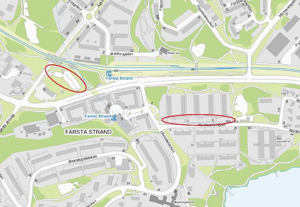 Sida 3 (14) Orienteringskarta med planområdet ungefärligt markerat med röda cirklar. Parkeringshuset föreslås i väster och bostäderna i öster.