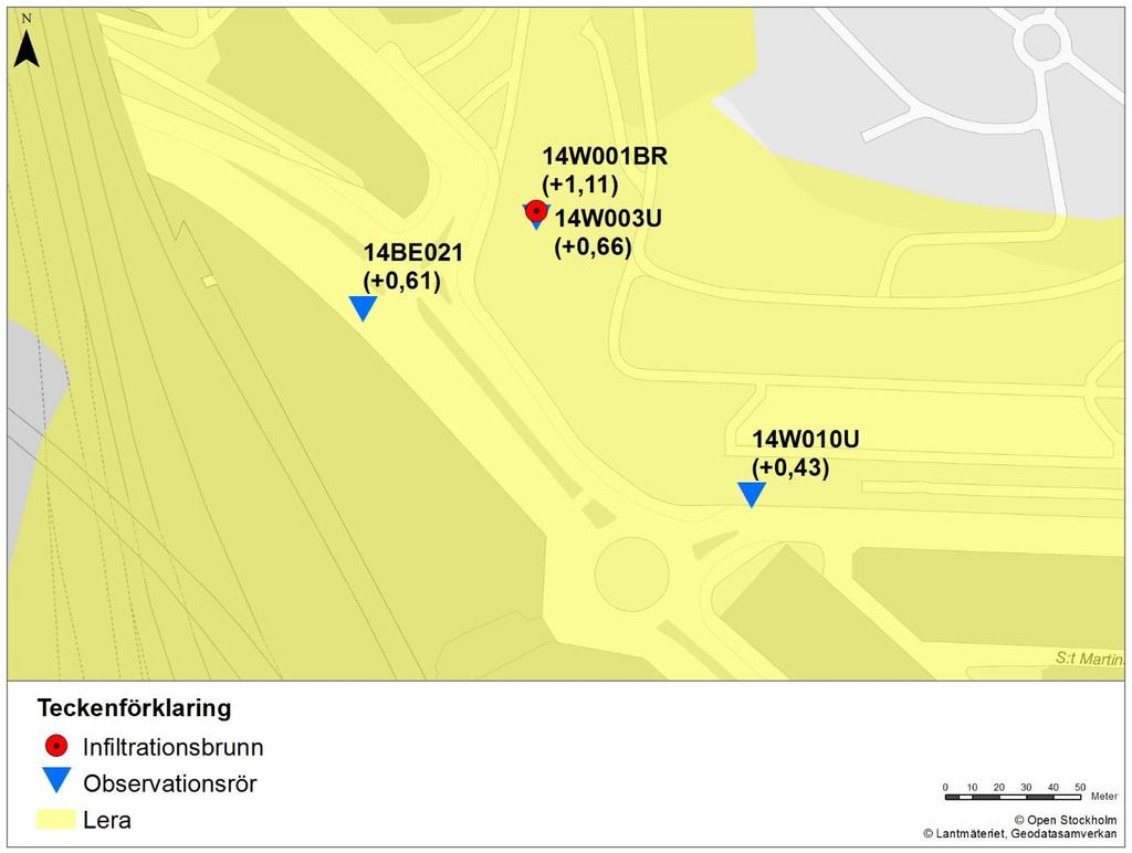 Grundvattennivå (RH2000) Nederbörd (mm/dygn) Figur 2. Nivåhöjning i centimeter i infiltrationsbrunn och observationsrör.