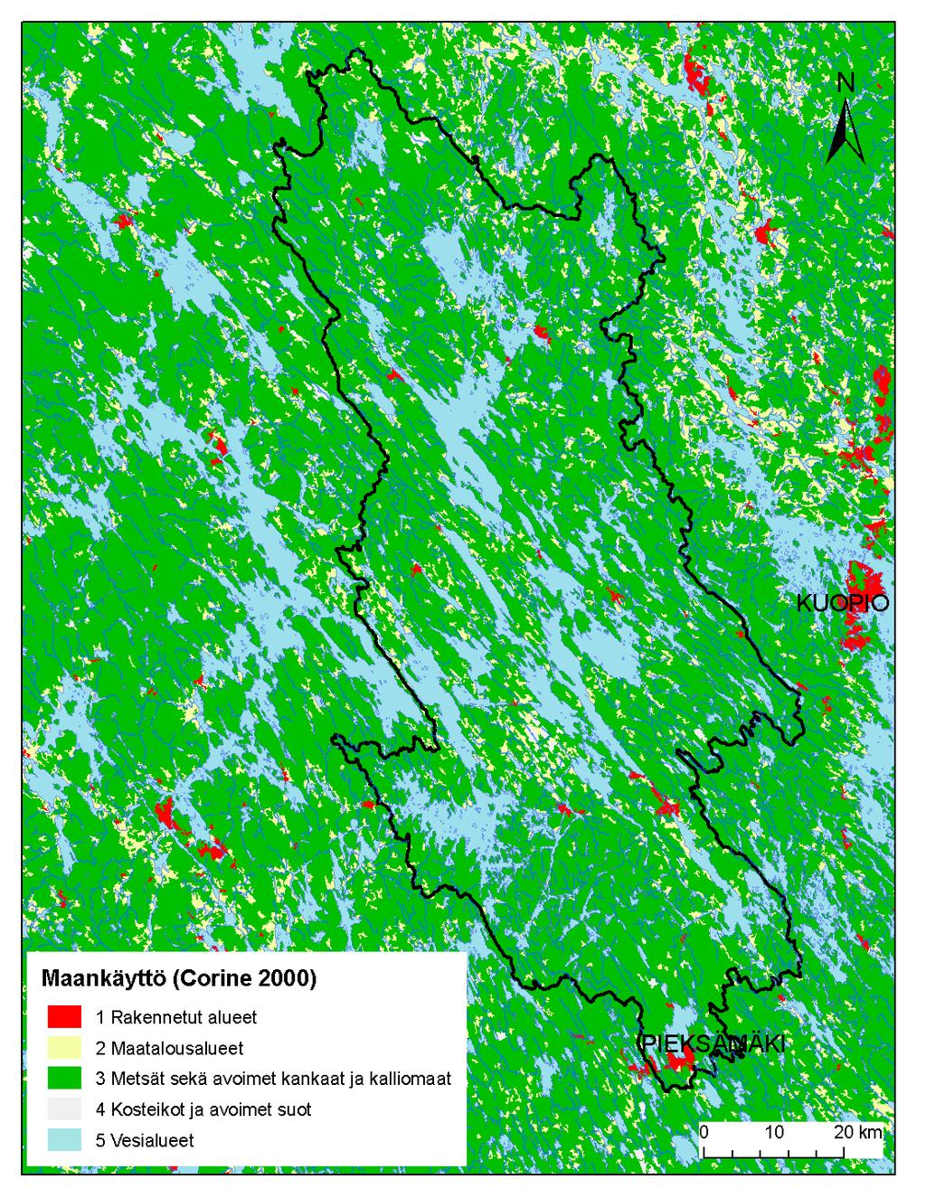 SYKE, EEA Bild 18. Markanvändning i Rautalampi-ledens delavrinningsområde 14.7. Enligt det geografiska datamaterialet RHR2008 är invånarantalet i Rautalampi-ledens avrinningsområde 40 359 personer.
