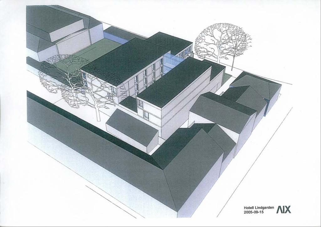 8 (13) Djurgårdsvägen Liljevalchs gård Allmänna Gränd Tomträttshavarens förslag till hotell Lindgården sett från sydväst med Djurgårdsvägen i bildens överkant.